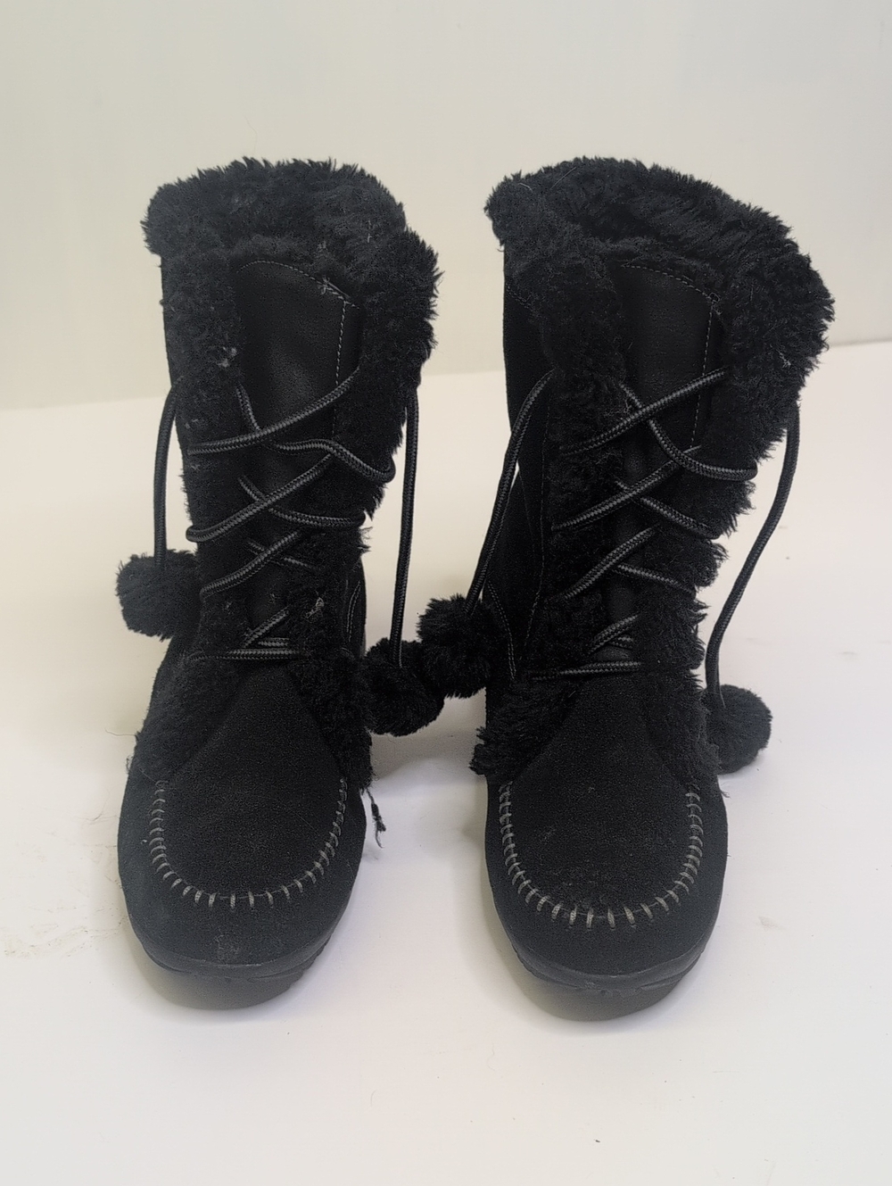 Sporto Black Faux-Fur Pom-Pom Lace-Up Winter Boots 8-1/2 M